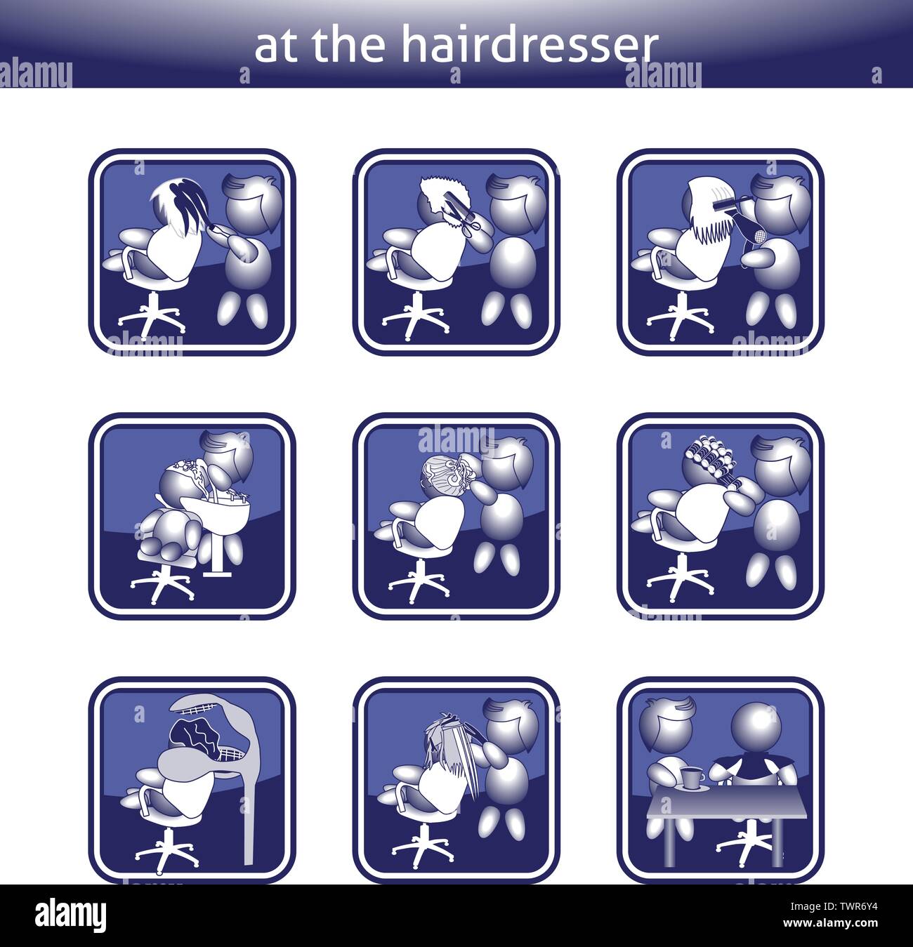 buttons barber dyeing hair color blow dry cut lay drying strand Stock Vector