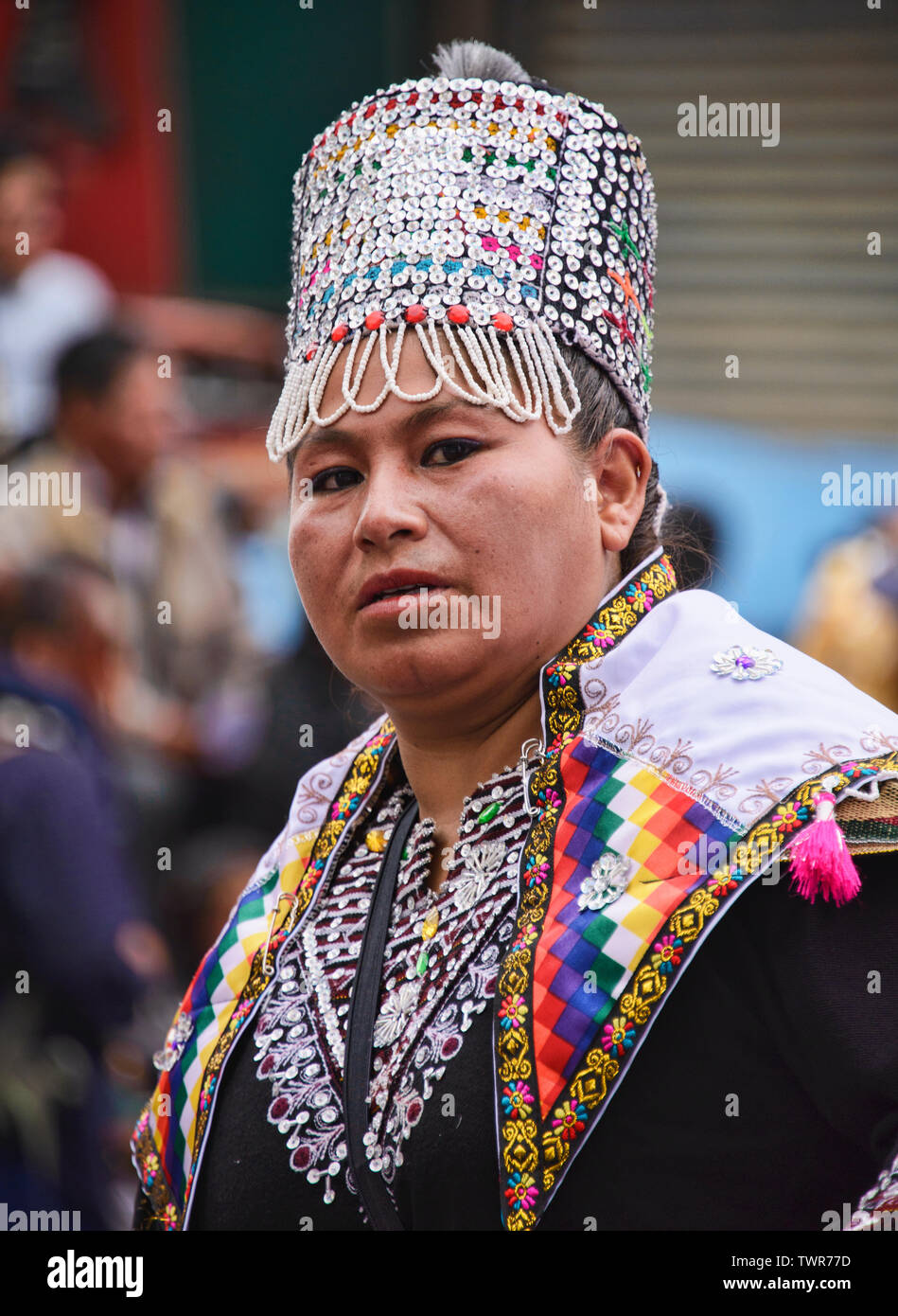 Indigenous dancer at the colorful Gran Poder Festival, La Paz, Bolivia Stock Photo