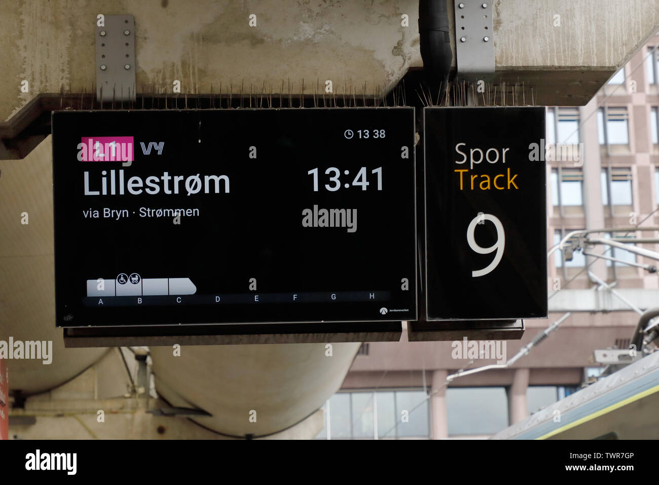 Oslo, Norway - June 20, 2019: Platform information sign for train on line L1 with destination Lillestrom at the Oslo Central station track 9 operated Stock Photo
