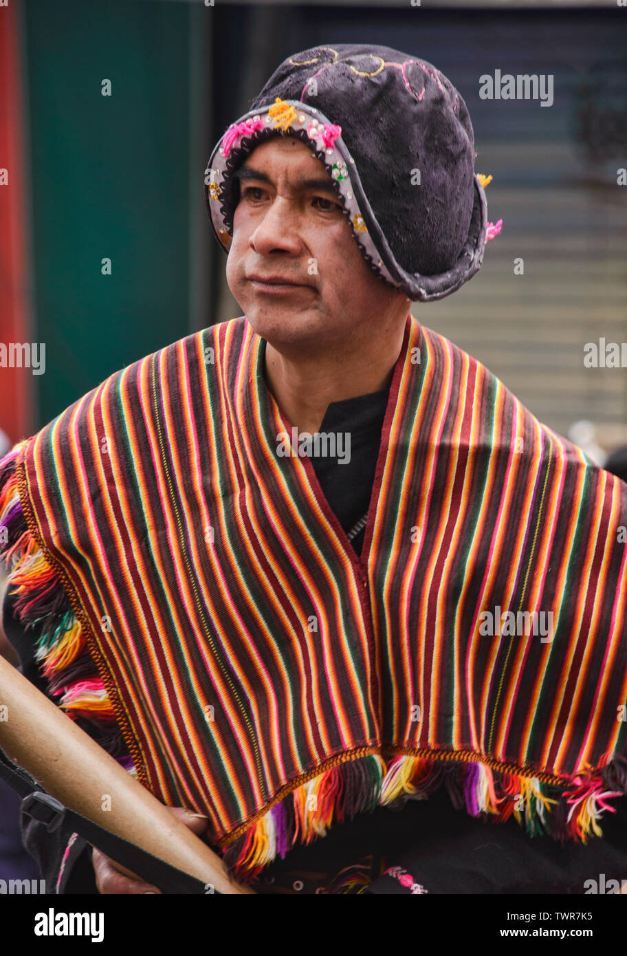 Indigenous dancer at the colorful Gran Poder Festival, La Paz, Bolivia Stock Photo
