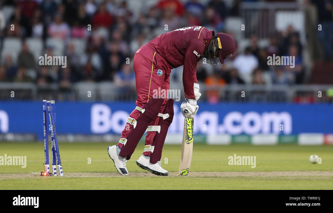 West Indies Sheldon Cottrell is bowled by New Zealand's Lockie Ferguson