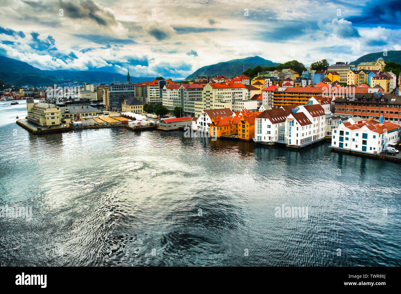Bergen Norway coastline buildings and port dramatic landscape Stock Photo