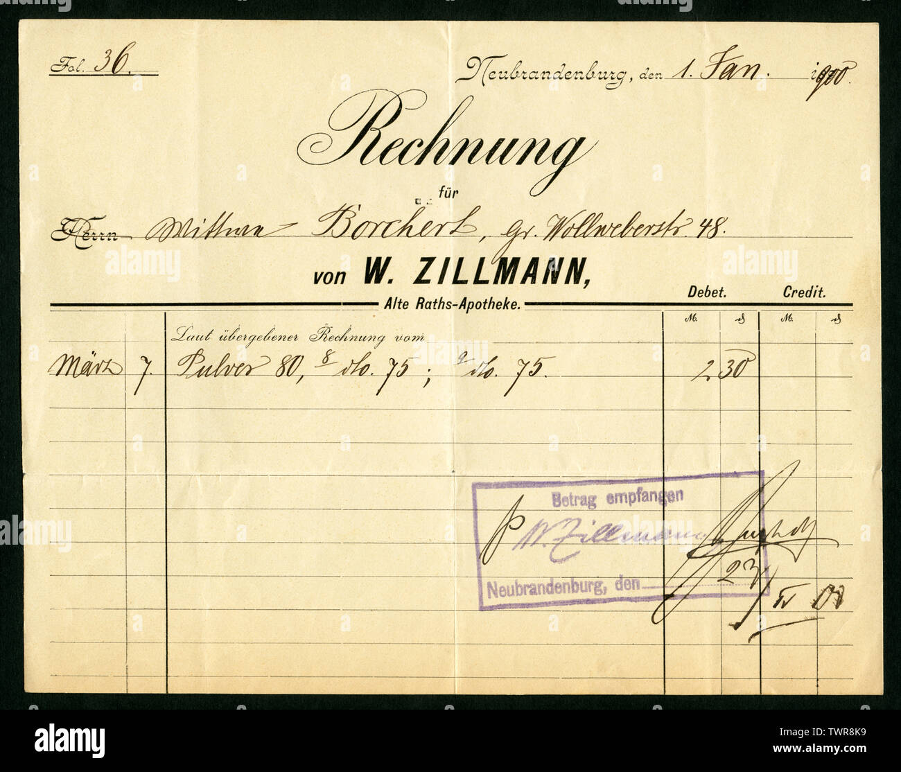 Europa, Deutschland, Mecklenburg-Vorpommern , Neubrandenburg, Rechnung der Alten Raths-Apotheke W. Zillmann  vom 1. Januar 1900 . /  Eurioe, Germany, Stock Photo