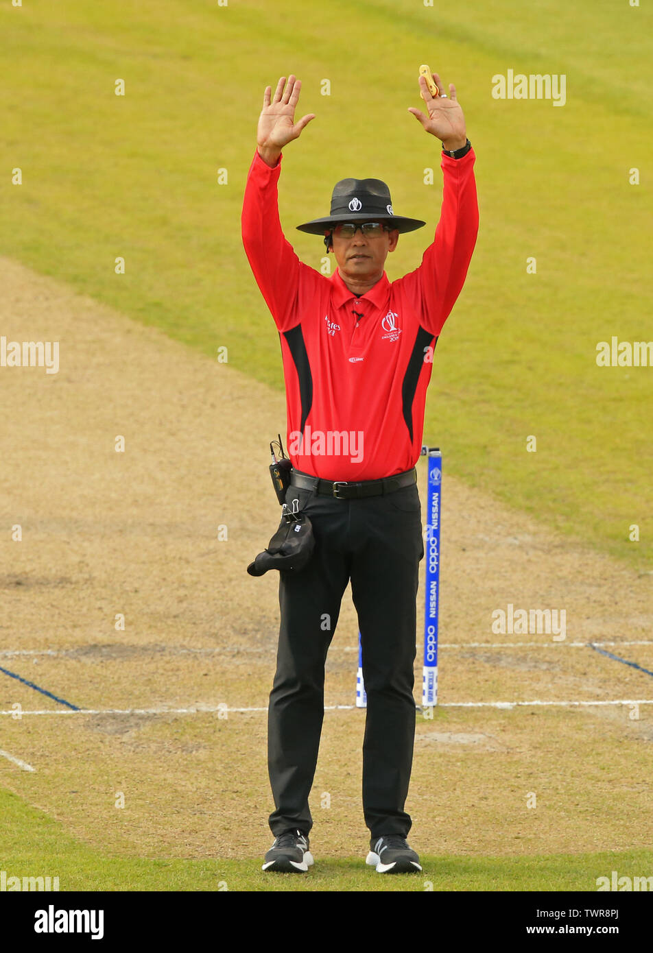 MANCHESTER, ENGLAND. 22 JUNE 2019 Umpire Ruchira Palliyaguruge signals