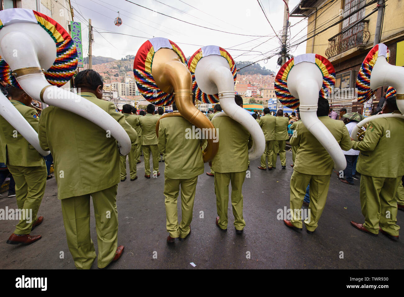 Marching band member at the Gran Poder Festival, La Paz, Bolivia Stock Photo