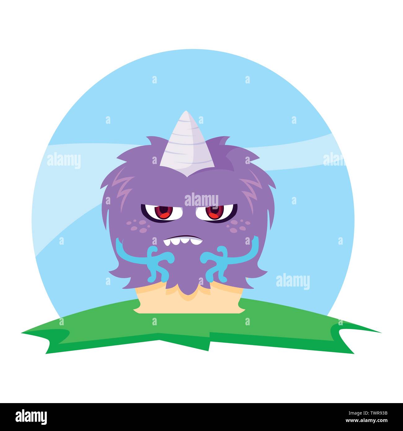 funny monster with horn in the field vector illustration design Stock ...