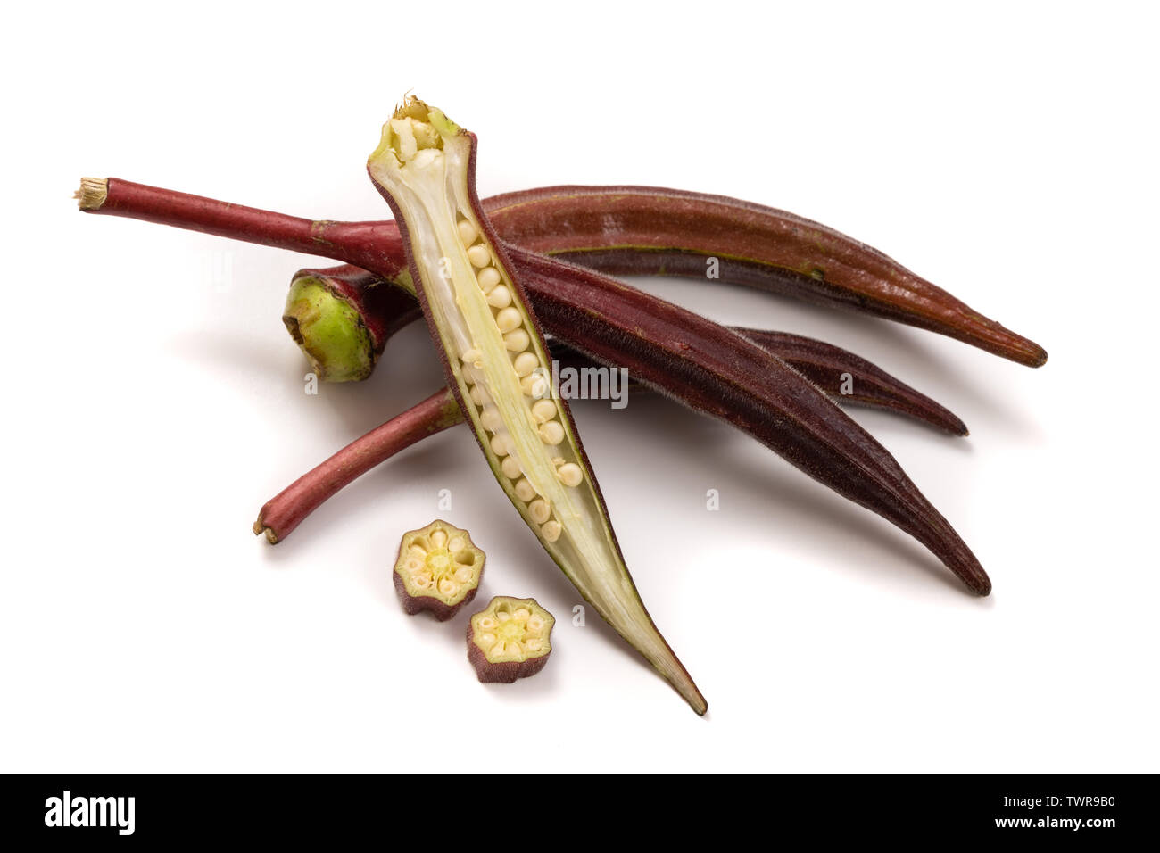 Fresh organic red okra isolated on a white background. Stock Photo