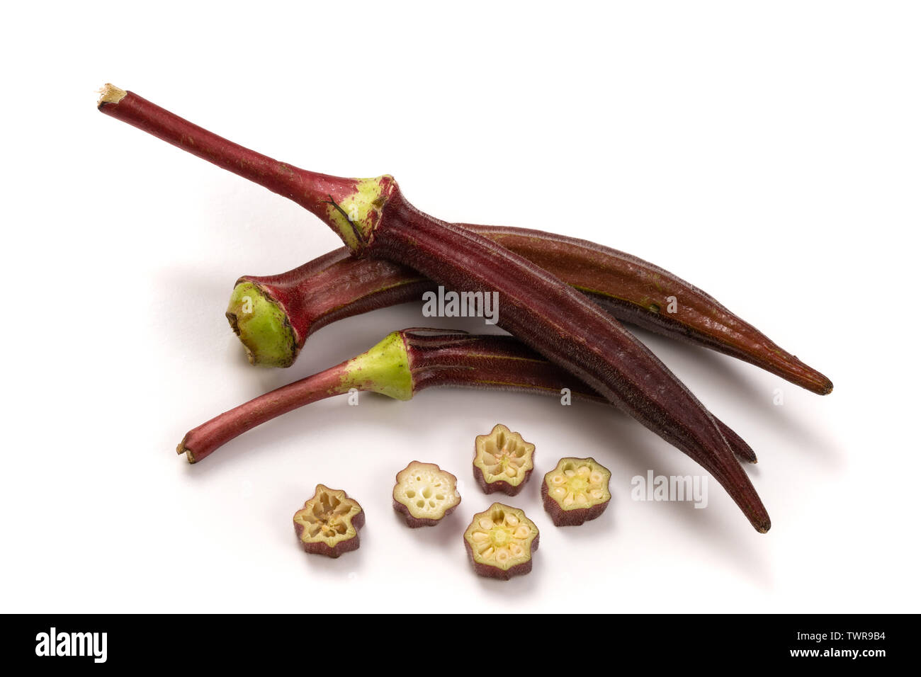 Fresh organic red okra isolated on a white background. Stock Photo