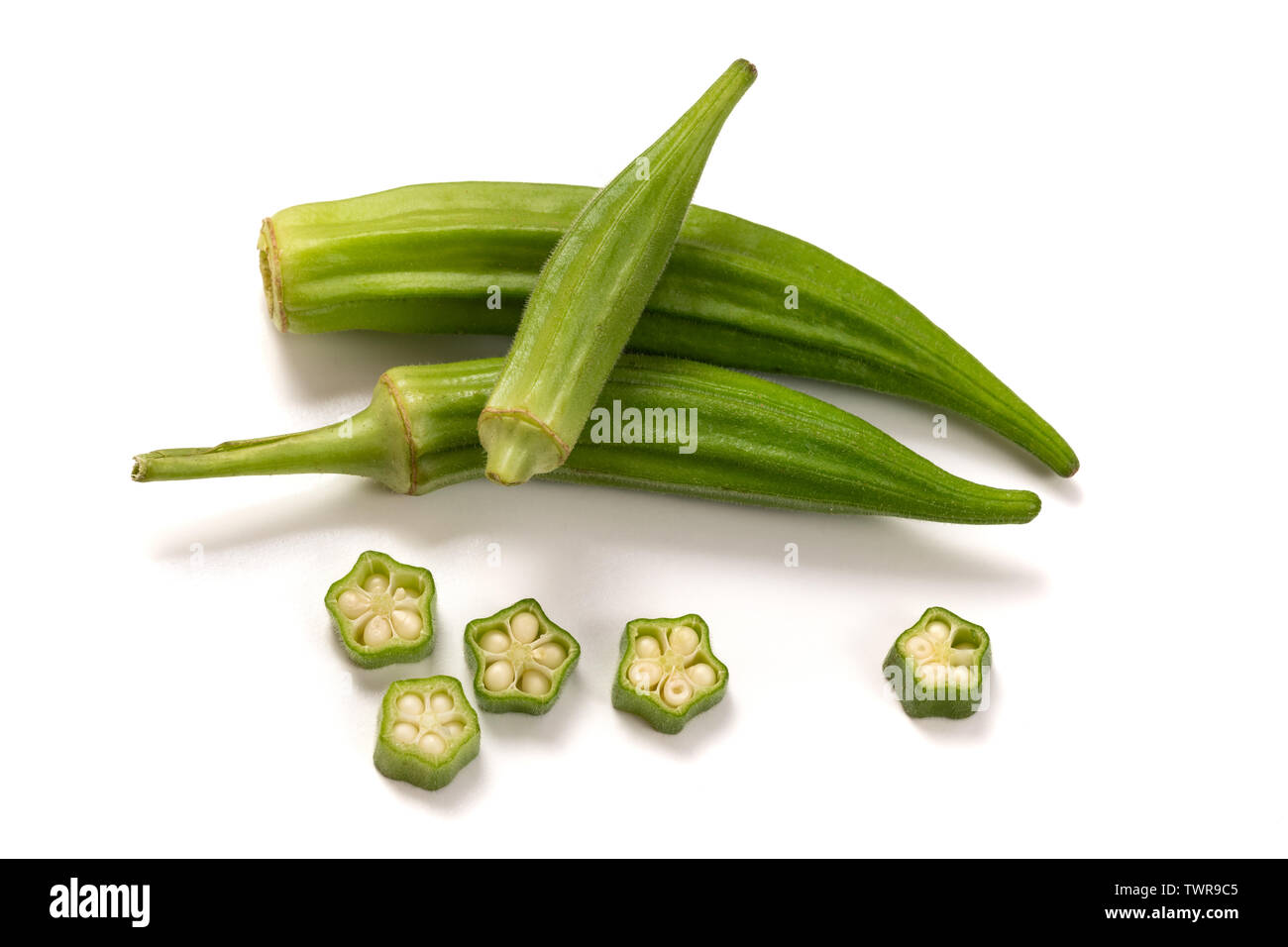 Fresh organic green okra isolated on a white background. Stock Photo