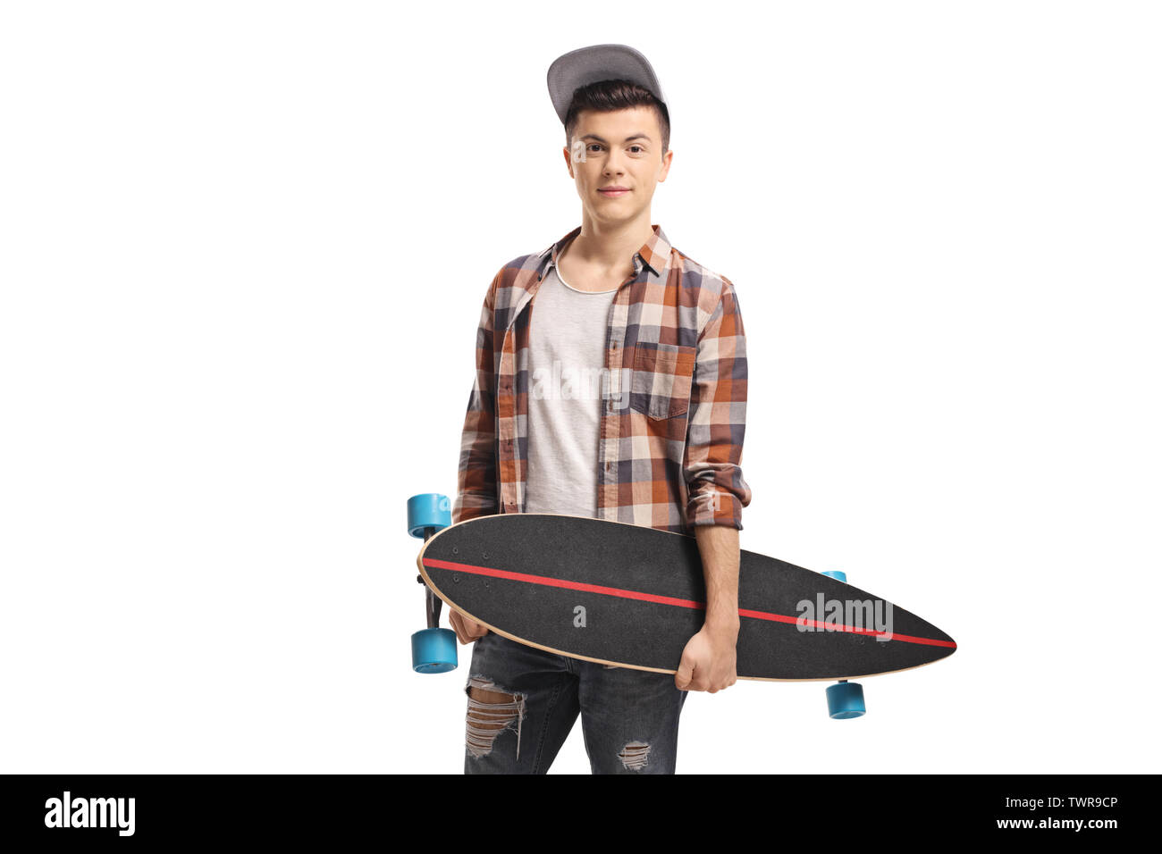 Young guy posing with a longboard isolated on white background Stock