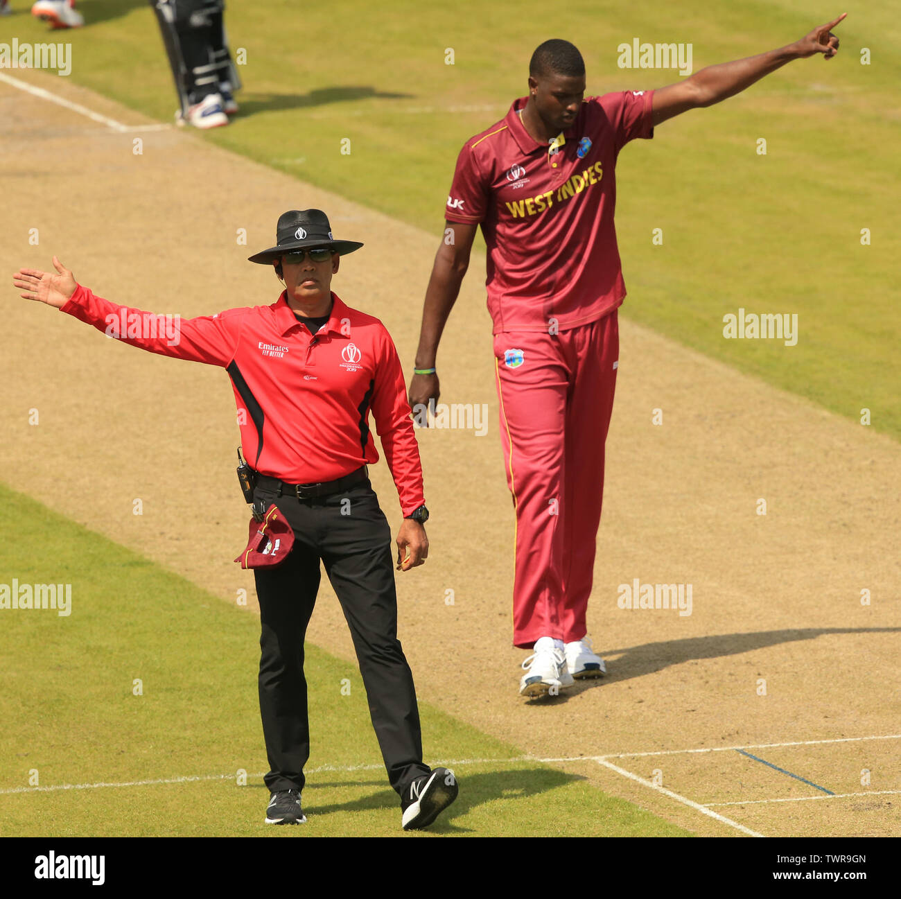 MANCHESTER ENGLAND 22 JUNE 2019 Umpire Ruchira Palliyaguruge Signals A No Ball From Jason 