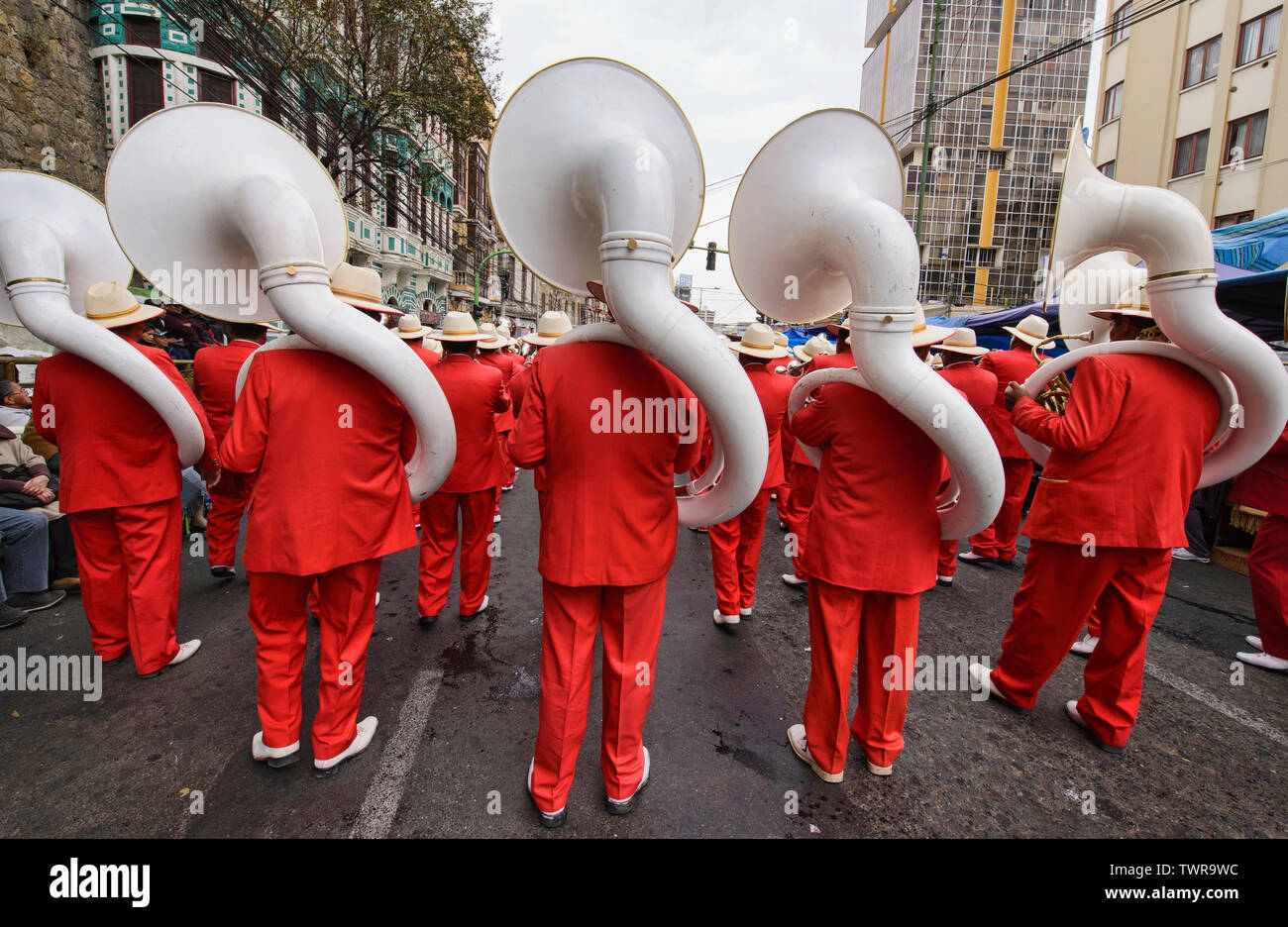 Marching band member at the Gran Poder Festival, La Paz, Bolivia Stock Photo