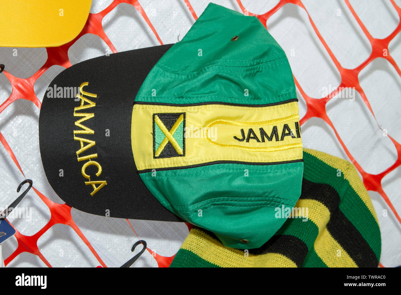 Jamaica Jamaican merchandise for sale on stall at the Africa Oye music festival in Liverpool, Merseyside, UK Stock Photo