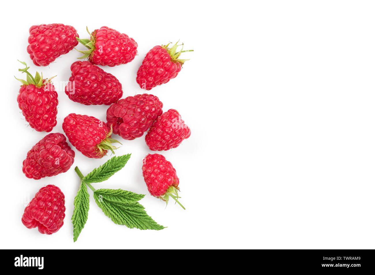 Raspberry Flat Lay raspberries with leaves isolated on white background with copy space ...