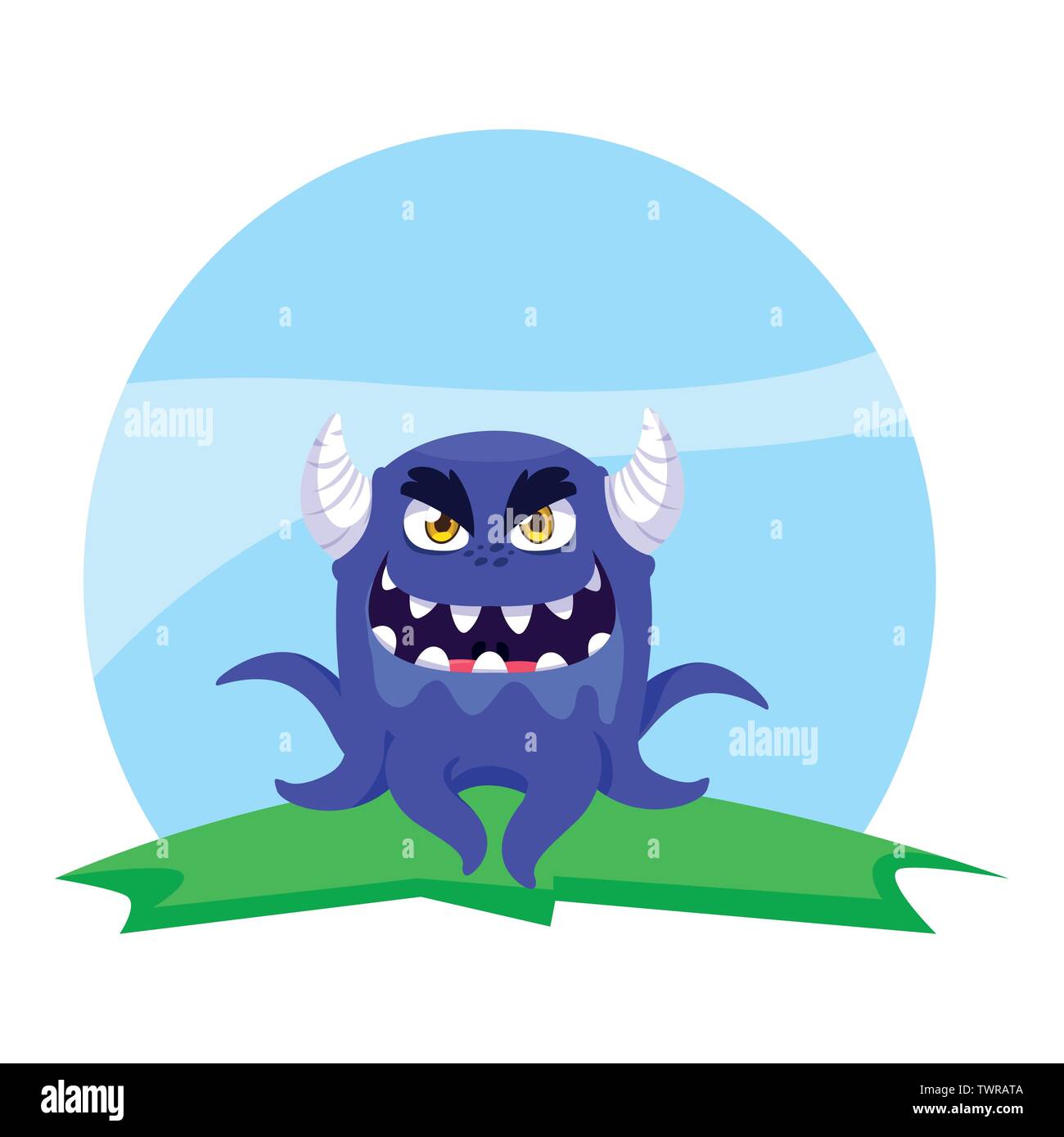 funny monster with horns in the field vector illustration design Stock ...