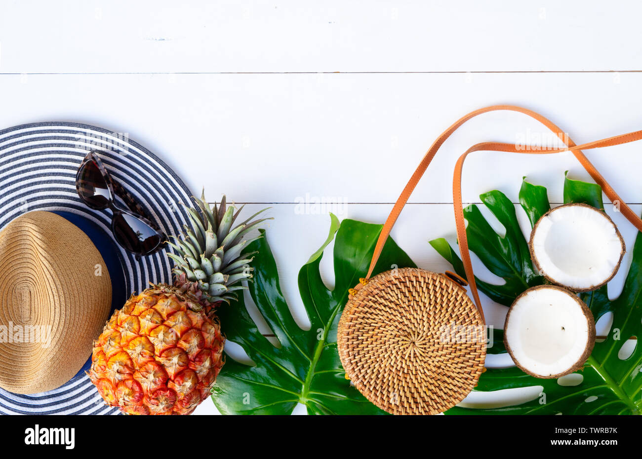 Summer Flat Lay Scenery Boder With Hat Bag Leaves And Fruits On