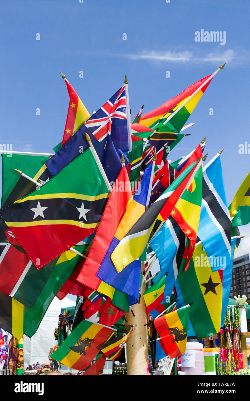 African, Jamaican assorted coloured flags at African Oye, Liverpool, UK Stock Photo