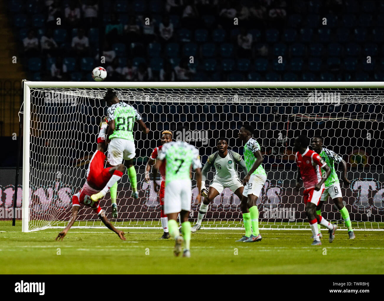 Alexandria Stadium, Alexandria, Egypt, 22nd June 2019.African Cup of Nations international football tournament, Nigeria versus Burundi; Laudit Mavugo of Burundi trying to score with an poverhead kick in front of Awaziem Chidozie Collins of Nigeria Credit: Action Plus Sports Images/Alamy Live News Stock Photo