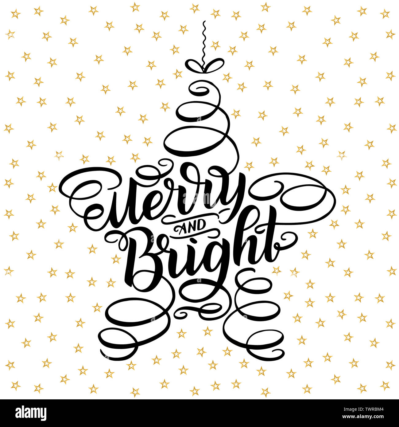 Merry and bright lettering framed in star tree toy. Hand drawn