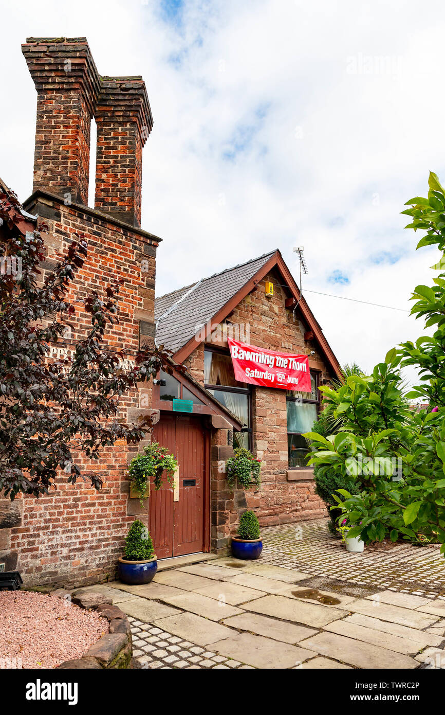 Appleton Thorn Village Hall bar on the day of Bawming the Thorn 2019 Stock Photo