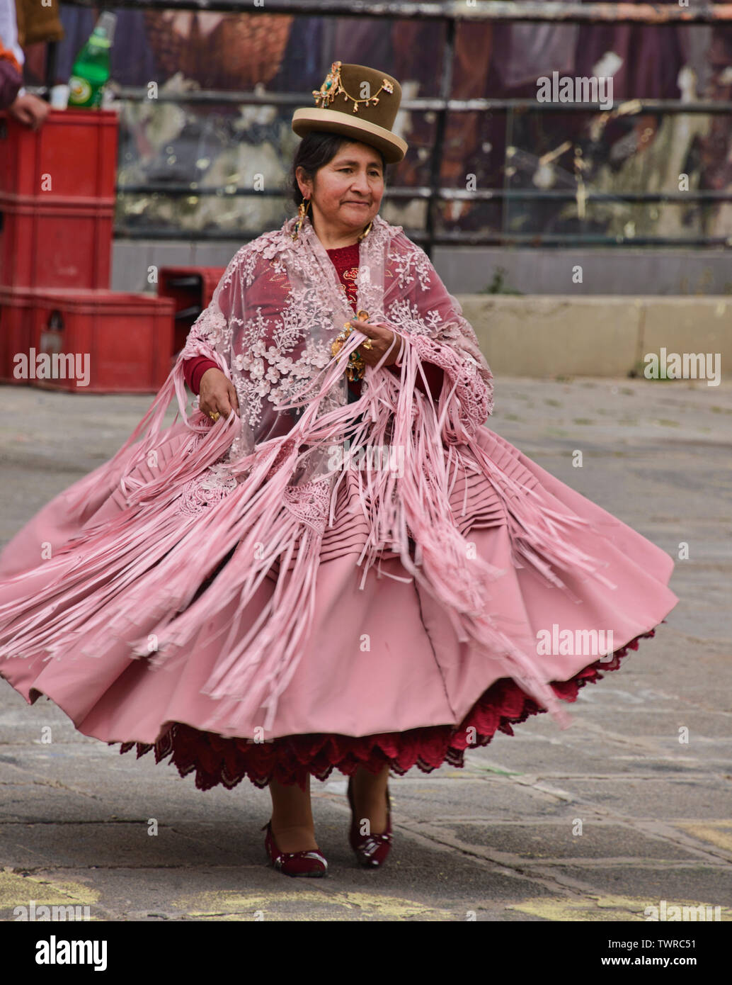 Cholita dancing at the Gran Poder Festival, La Paz, Bolivia Stock Photo