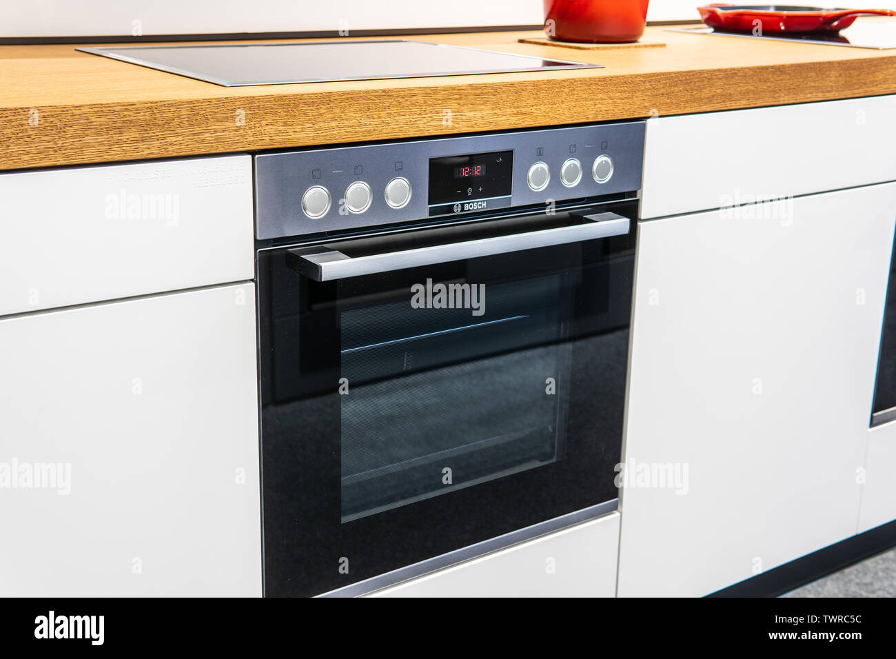 inside Bosch showroom, silver inox Bosch SuperSilence dishwashers on  display for sale, produced by BSH Home Appliances Stock Photo - Alamy