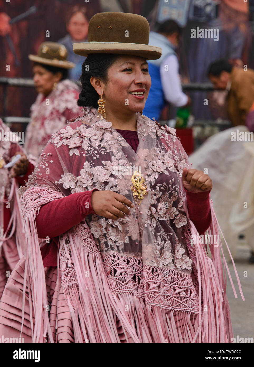 Cholita dancing at the Gran Poder Festival, La Paz, Bolivia Stock Photo