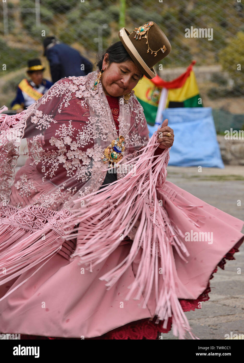 Cholita dancing at the Gran Poder Festival, La Paz, Bolivia Stock Photo