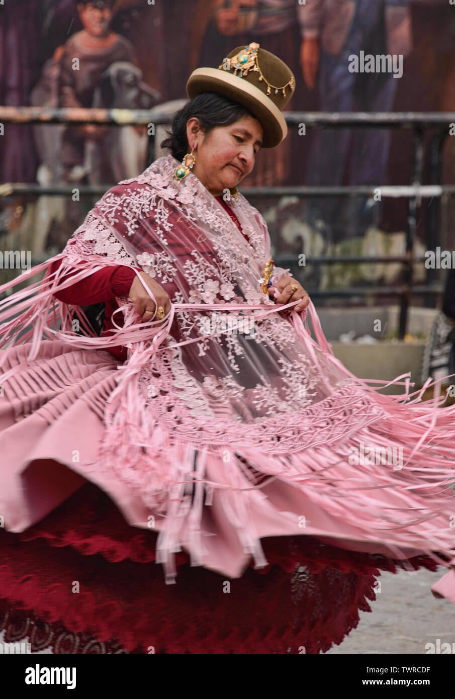 Cholita dancing at the Gran Poder Festival, La Paz, Bolivia Stock Photo