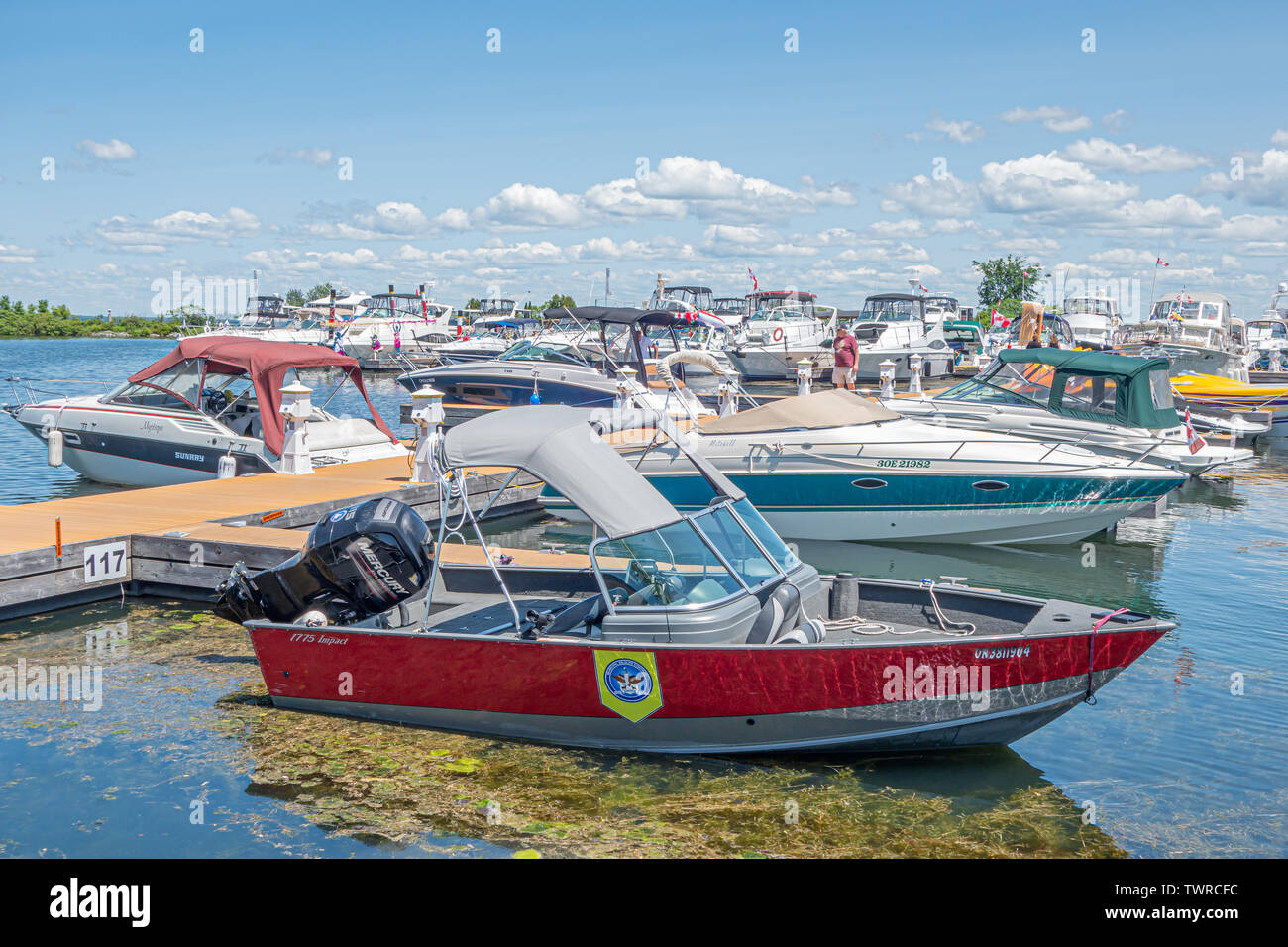 Municipal Wildlife Control Service boat is docked at the Port of Orillia Ontario. Stock Photo