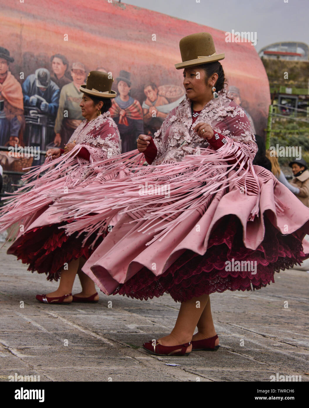 Cholitas dancing at the Gran Poder Festival, La Paz, Bolivia Stock Photo