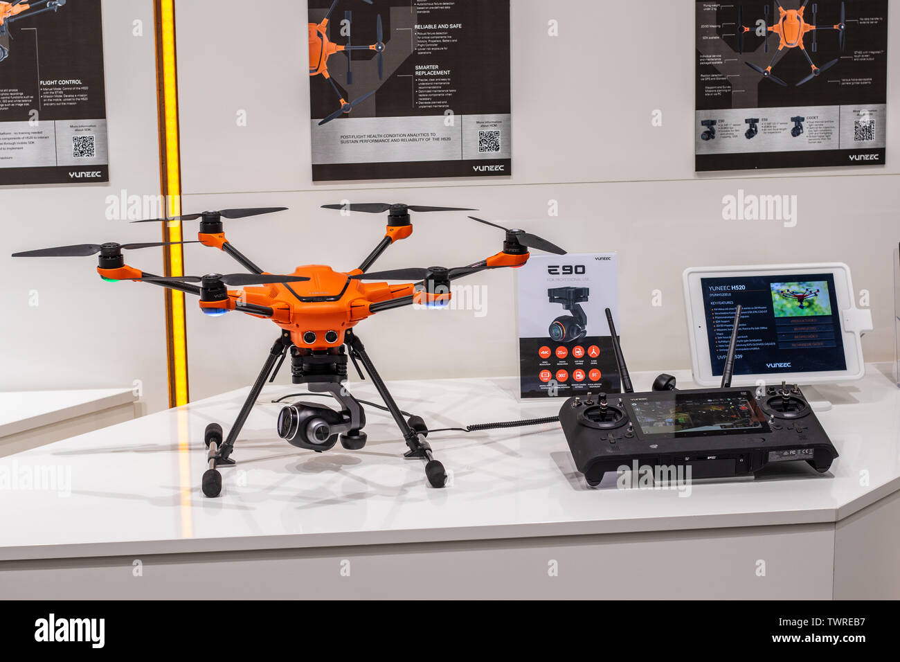 Berlin, Germany, Aug 30, 2018 Yuneec H520 E90 4k Camera Drone unmanned aerial vehicles UAV, Yuneec exhibition showroom, Global Innovations Show IFA Stock Photo