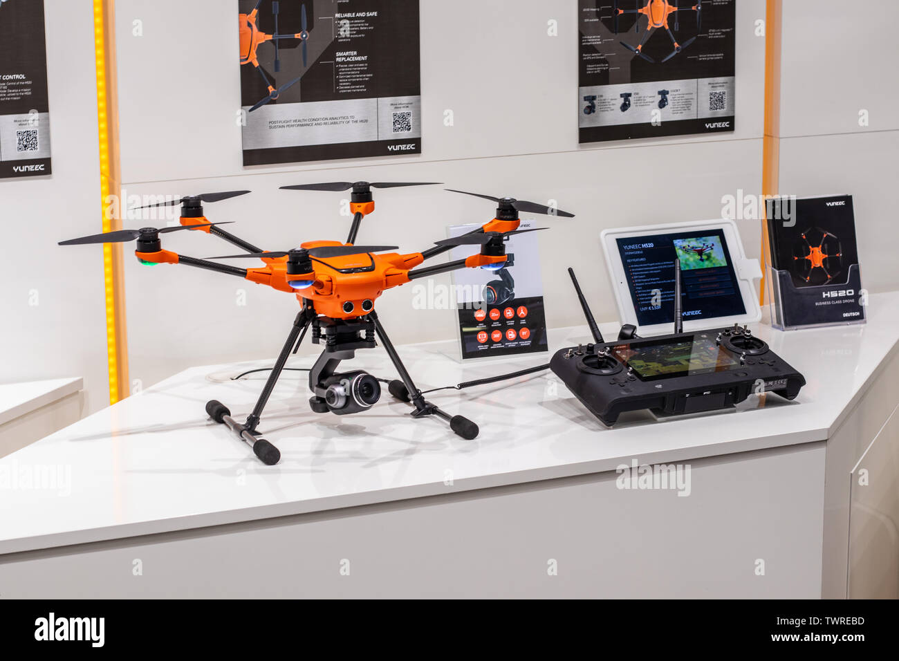 Berlin, Germany, Aug 30, 2018 Yuneec H520 E90 4k Camera Drone unmanned aerial vehicles UAV, Yuneec exhibition showroom, Global Innovations Show IFA Stock Photo