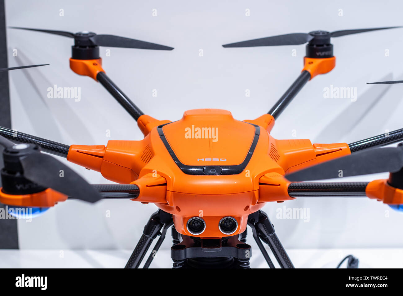 Berlin, Germany, Aug 30, 2018 Yuneec H520 E90 4k Camera Drone unmanned aerial vehicles UAV, Yuneec exhibition showroom, Global Innovations Show IFA Stock Photo