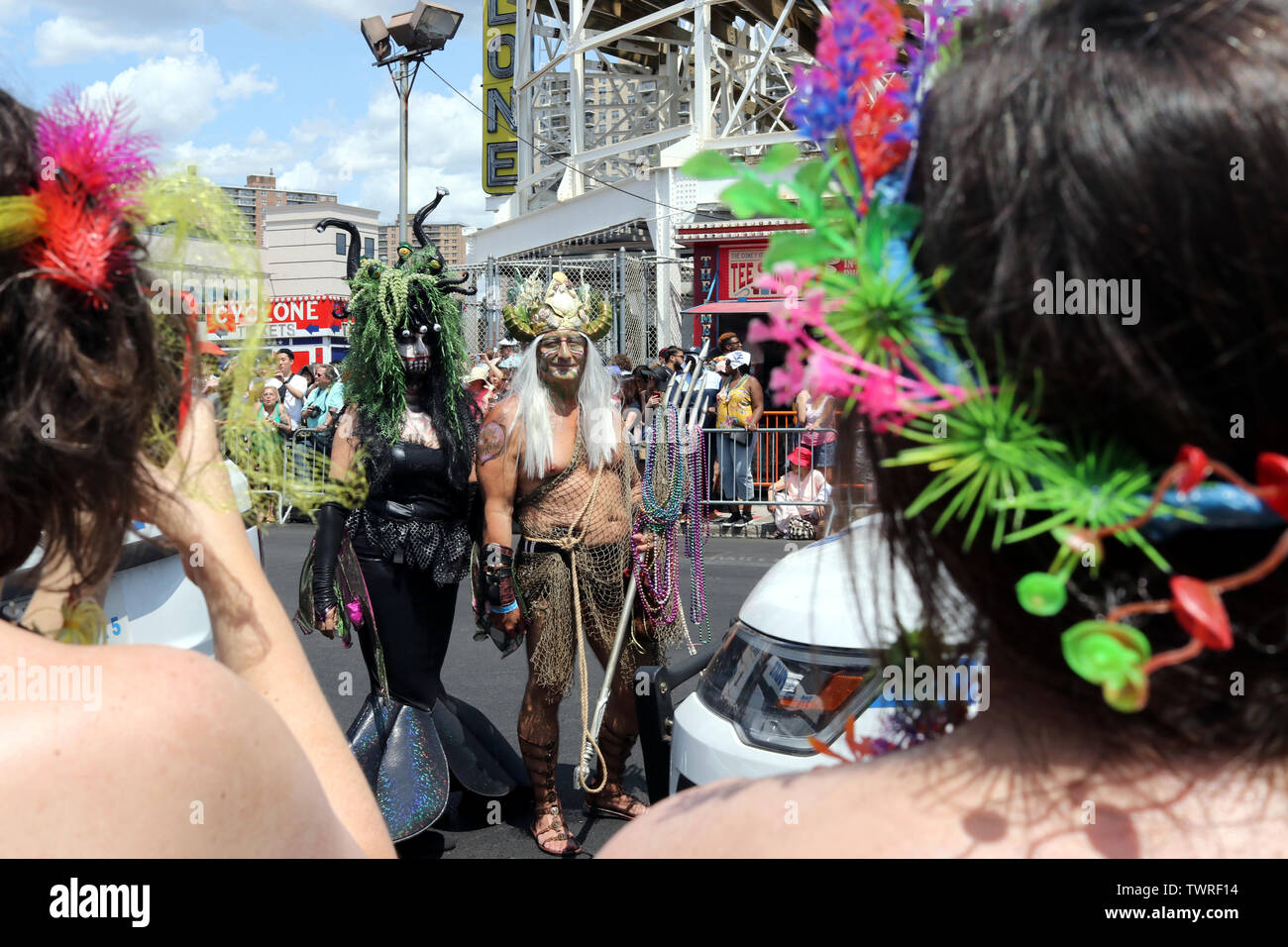 New York City, New York, USA. 22nd June, 2019. The 37th. annual mermaid parade kicked-off the summer season on 22 June, 2019, with a parade down Surf Avenue featuring an assortment of floats, marching bands and colorful costumed revelers at the seaside leisure and entertainment destination of Coney Island in Brooklyn, New York. Credit: G. Ronald Lopez/ZUMA Wire/Alamy Live News Stock Photo