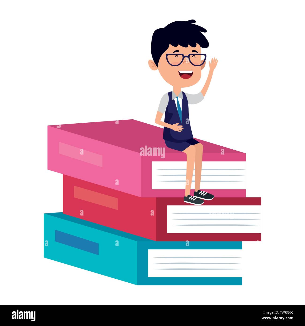 happy student boy seated in pile books Stock Vector Image & Art - Alamy