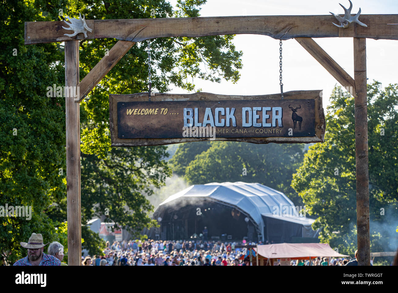 Tunbridge Wells, UK. Saturday 22 June 2019.  Entrance to the Black Deer Festival,Eridge Park ,© Jason Richardson / Alamy Live News Stock Photo