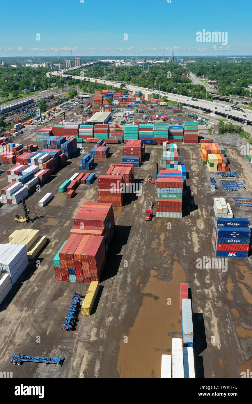 Detroit, Michigan - Shipping containers at ContainerPort Group's trucking terminal and container yard. The facility is on the site of the demolished G Stock Photo