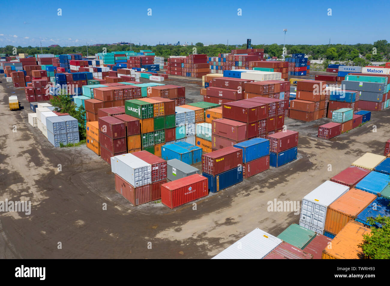 Detroit, Michigan - Shipping containers at ContainerPort Group's trucking terminal and container yard. The facility is on the site of the demolished G Stock Photo
