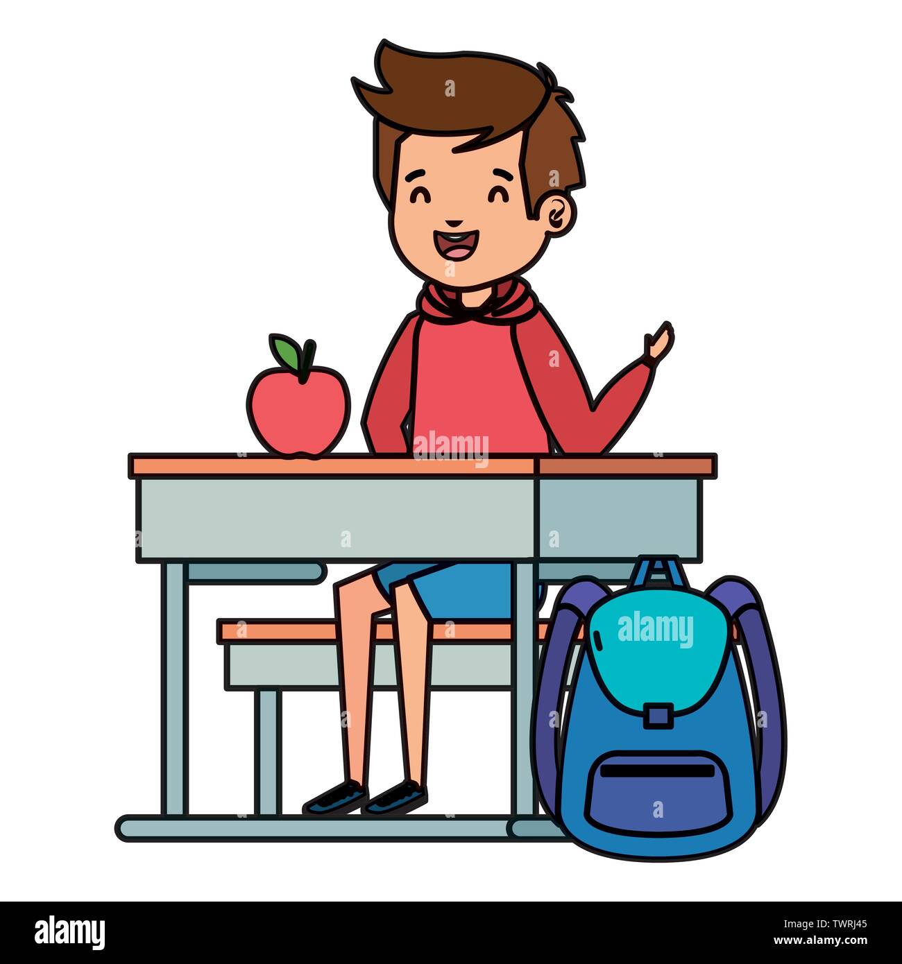 Student Boy Seated In School Desk With Apple And Bag Stock Vector