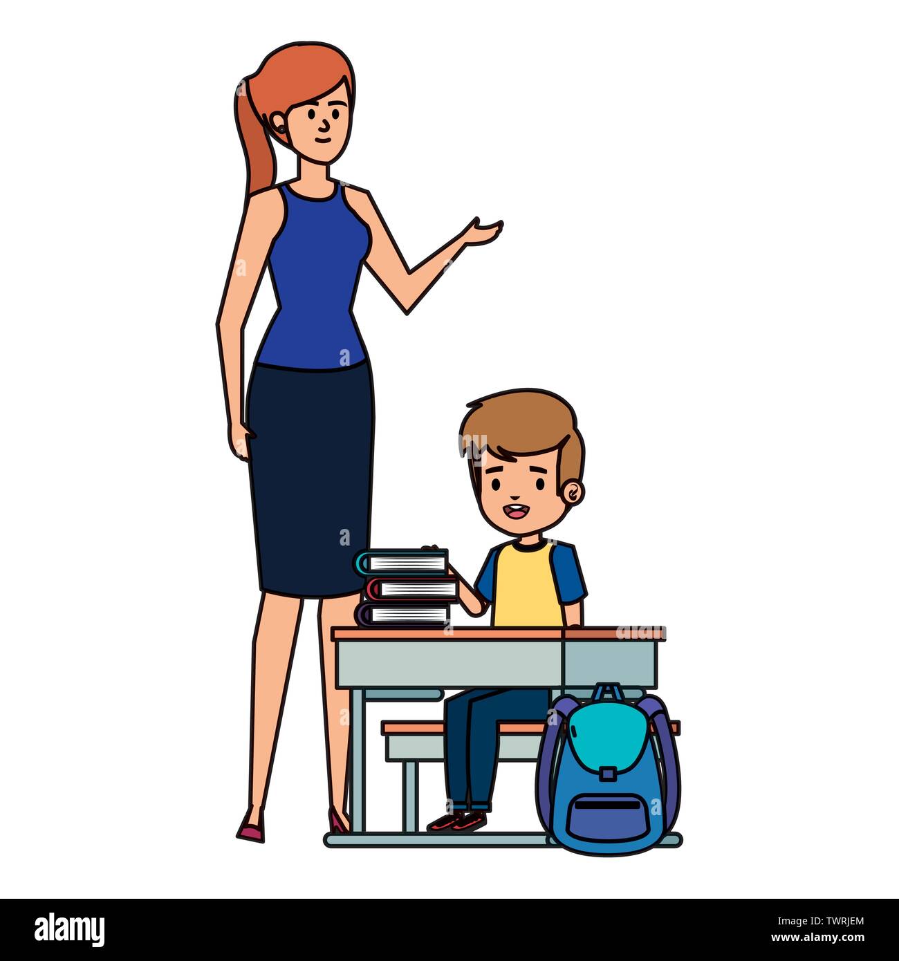 student boy seated in school desk with female teacher Stock Vector ...