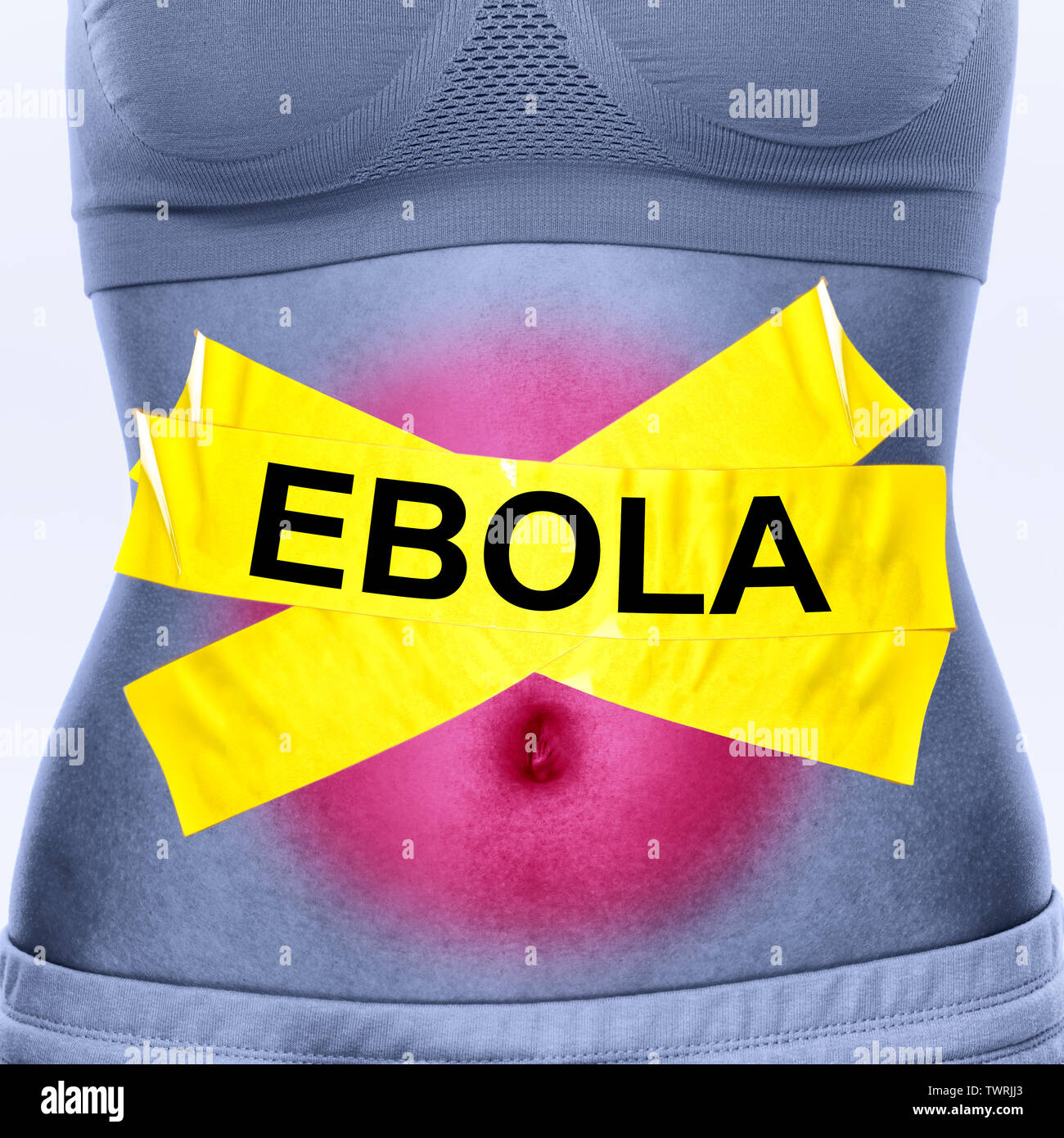 Ebola virus infection. Text on woman stomach symbolizing patient. Ebola