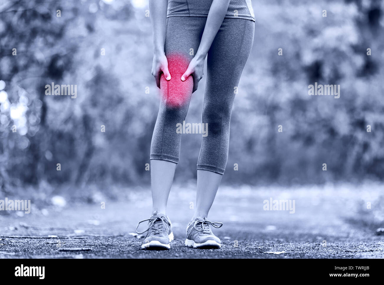 Muscle sports injury of female runner thigh. Woman running muscle strain injury in thigh
