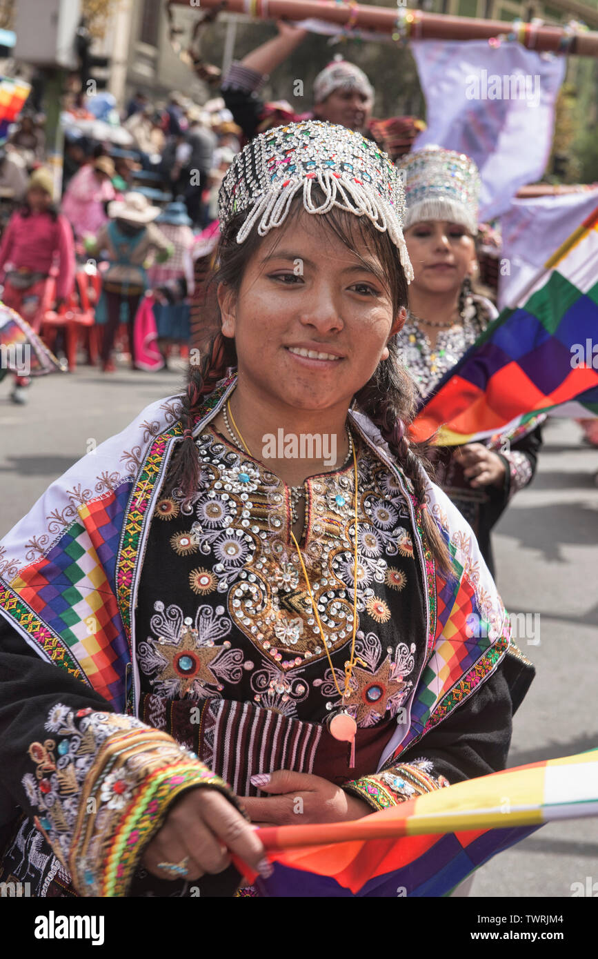 Indigenous dancer at the colorful Gran Poder Festival, La Paz, Bolivia