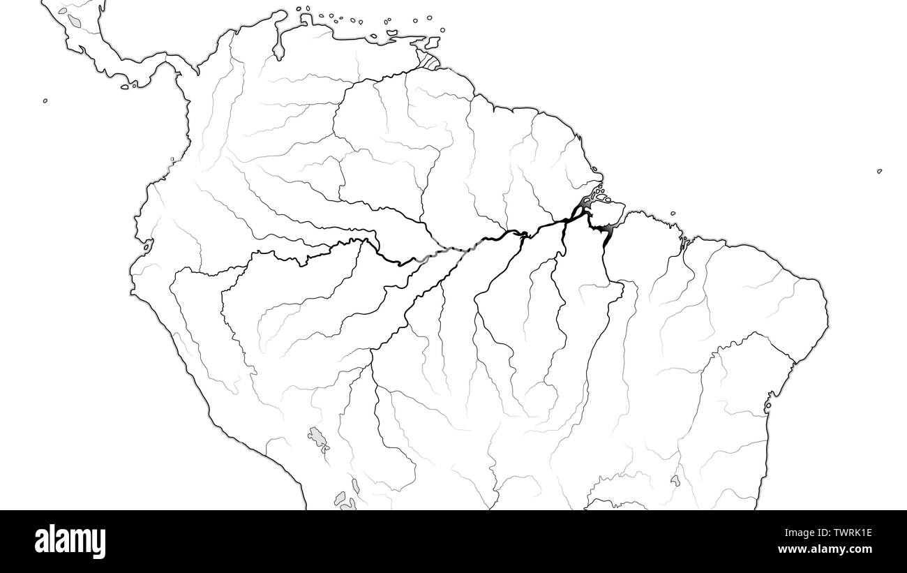 World Map of The AMAZON SELVA REGION in SOUTH AMERICA: Amazon Selva, Orinoco Llanos, Brazil, Venezuela, Colombia, Peru. (Geographic chart). Stock Photo