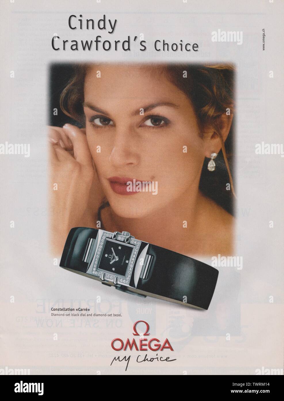 poster advertising OMEGA watch, in paper magazine from 2000, Cindy Crawford's Choice slogan, advertisement, creative OMEGA 2000s advert Stock Photo