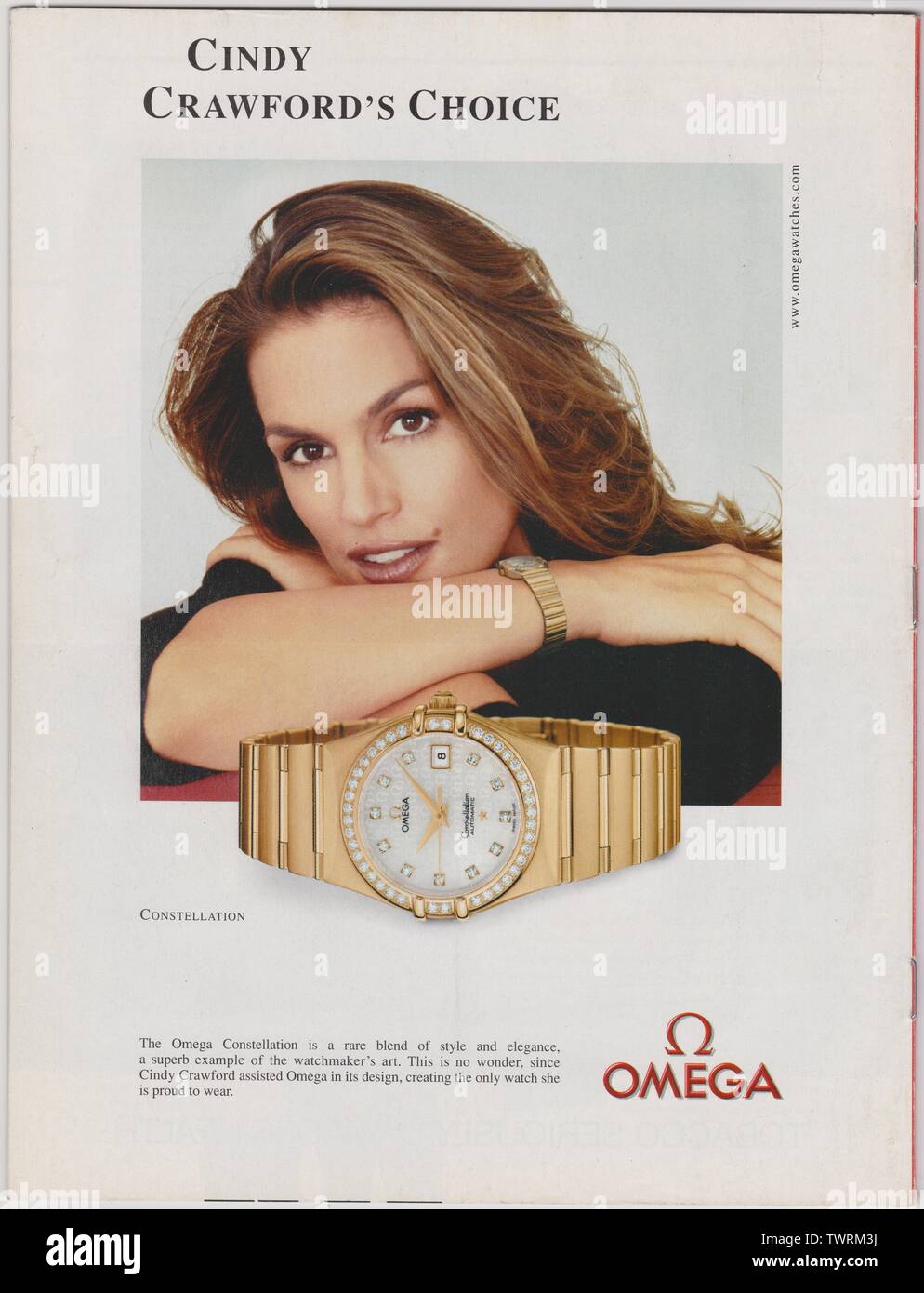 poster advertising OMEGA watch, magazine 2002, Cindy Crawford's Choice slogan, advertisement, creative OMEGA advert Stock Photo