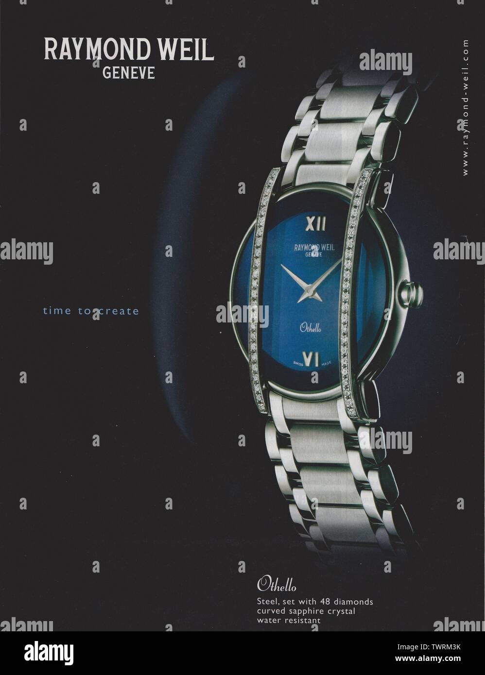 poster advertising Raymond Weil Geneve Othello watch, in paper magazine from 2002, time to create slogan, creative Raymond Weil  advert from 2000s Stock Photo