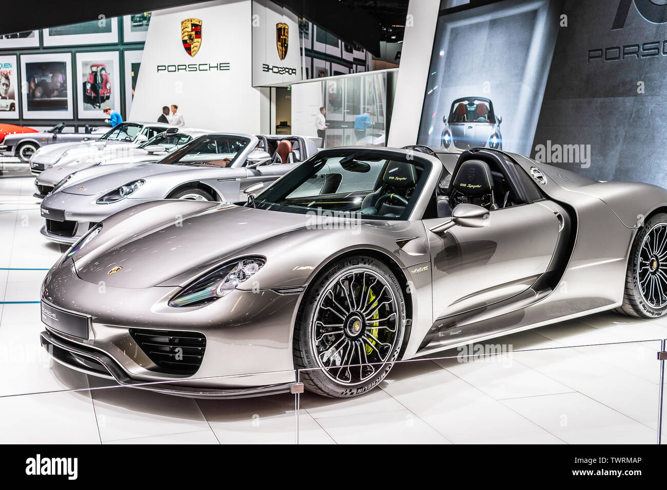 Paris, France, October 02, 2018: metallic silver Porsche 918 Spyder at Mondial Paris Motor Show ...