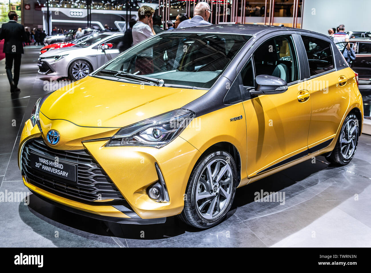 Paris, France, October 03, 2018: metallic gold Toyota Yaris 20th